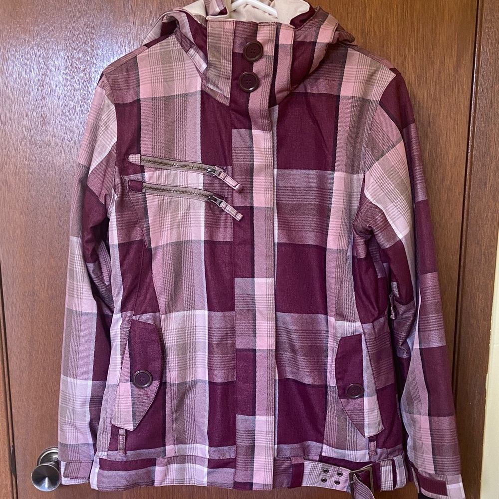 Women’s Plaid Hooded Ski Jacket in Pink and Burgundy